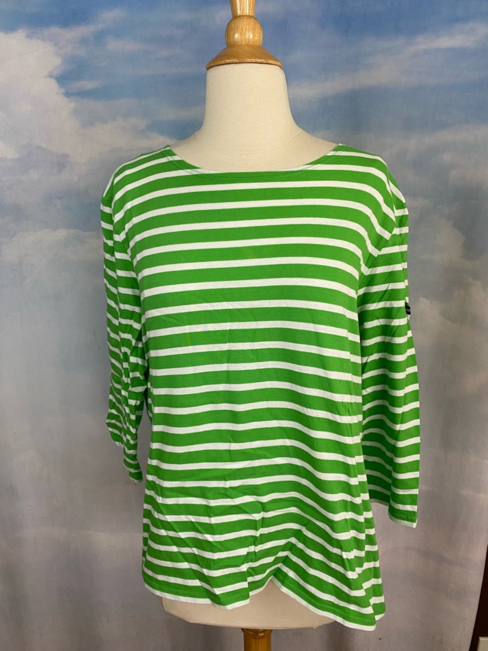 Saint James Breton Striped Shirt Size Large Green/White 3/4 Sleeves
